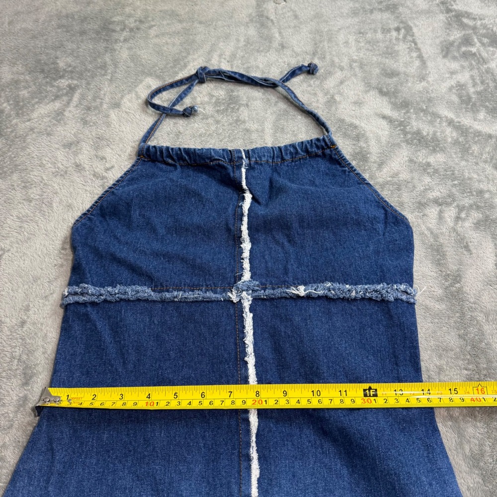 VTG 90s Hot Kiss Denim Halter Mini Dress Blue Ombre Raw Edge Y2K Size 7 - Picture 8 of 9
